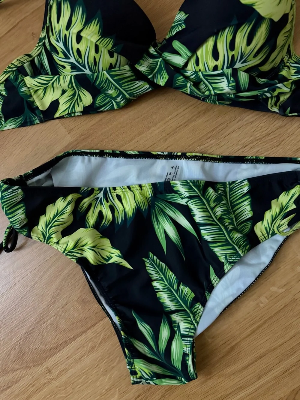 Women’s Black Tropical Leaf Bikini Set - Push-Up Top and Tie-Side Bottoms - Picture 2 of 4